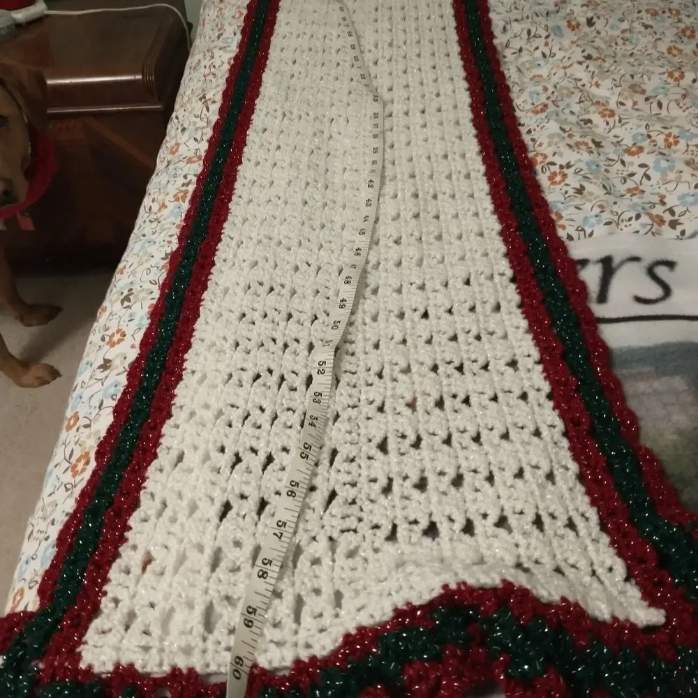 Hand Crafted Table Runner Crochet Long Sparkling Rectangle 62 inch White Red